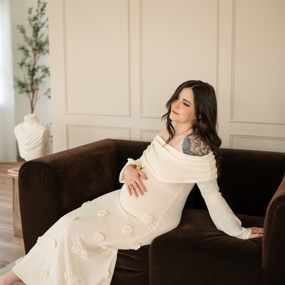 Meshki Dresses & Skirts - Elegant Cream Off-Shoulder Maternity Dress